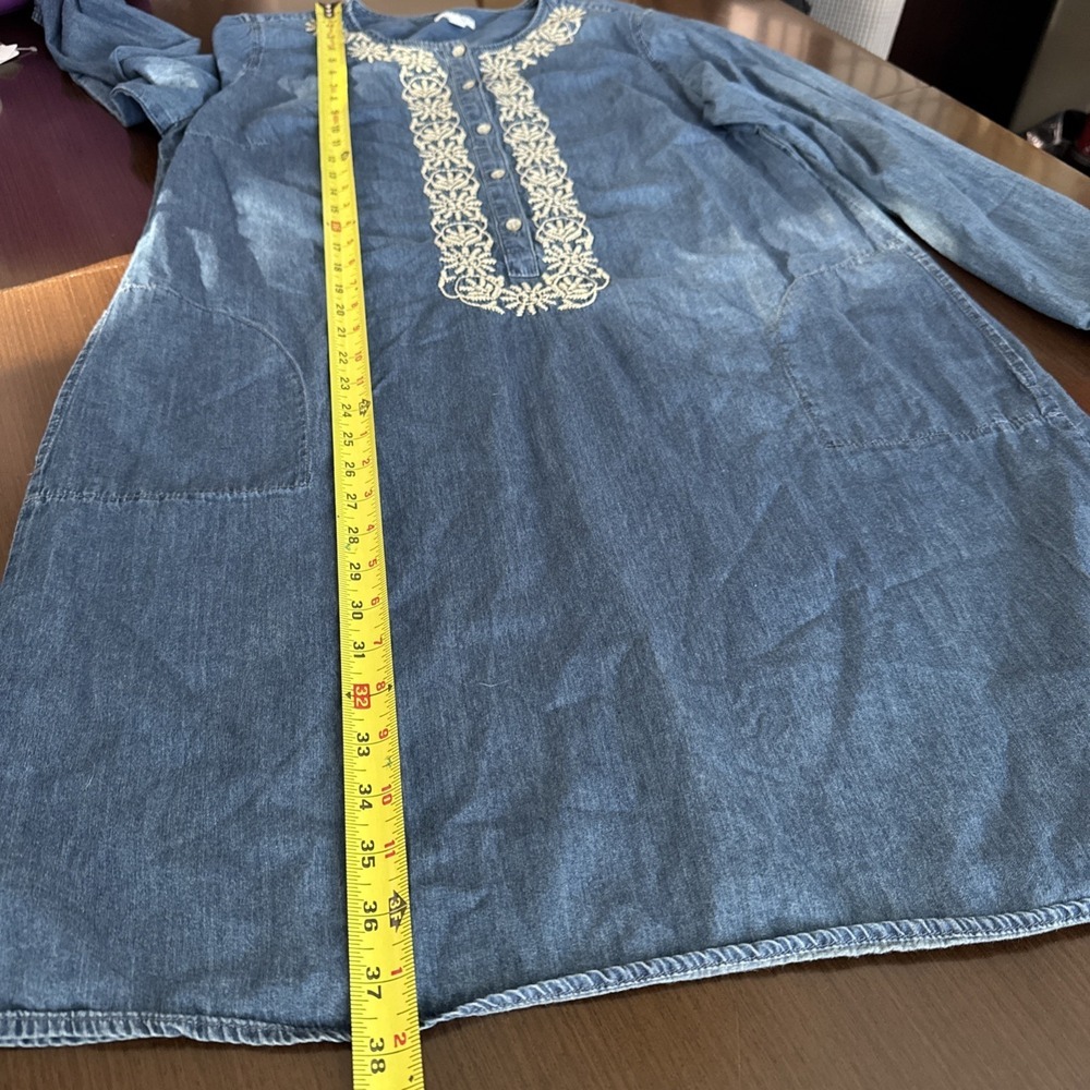 J. Jill Embroidered Denim Chambray Shift Dress Blue Boho Pockets Women's Size L - Picture 6 of 12
